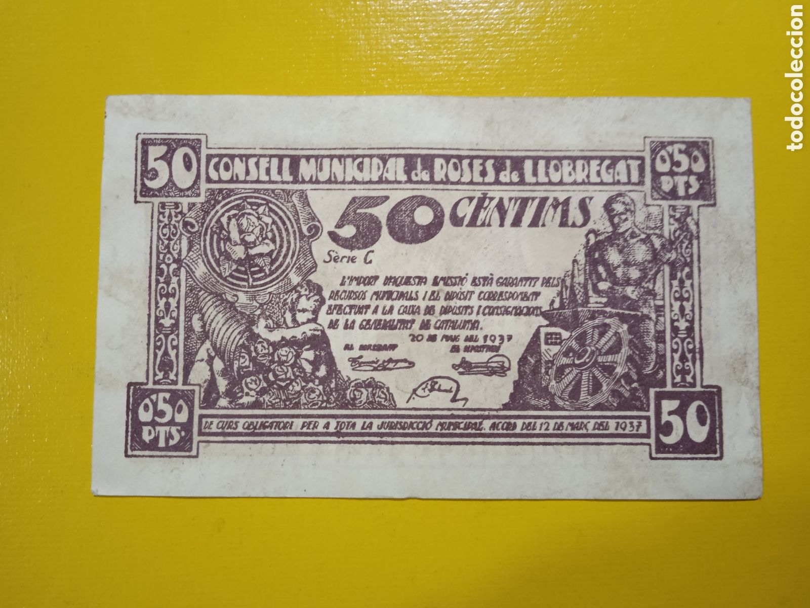 Notas locais: Billete de 50 c&egrave;ntimos Roses de Llobregat 1937 Barcelona
