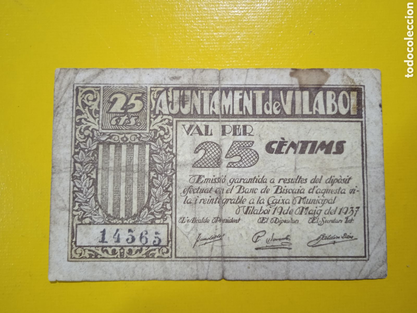 Notas locais: Billete local de Vilaboi Sant Boi 1937 Barcelona