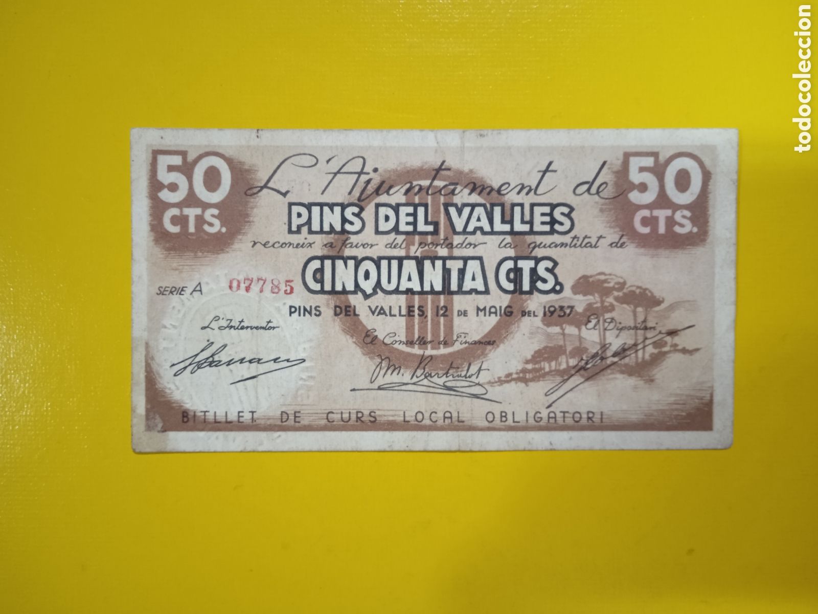 Notas locais: Billete de 50 c&egrave;ntimos Pins del Vall&egrave;s 1937 Barcelona