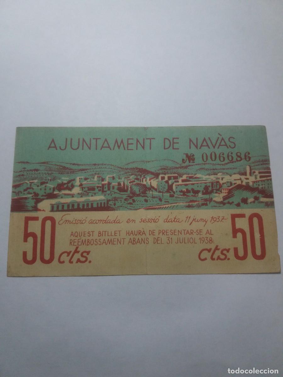 Billetes locales: Billete 50 C&egrave;ntims Ajuntament NAV&Agrave;S Juny 1937 - Foto 2