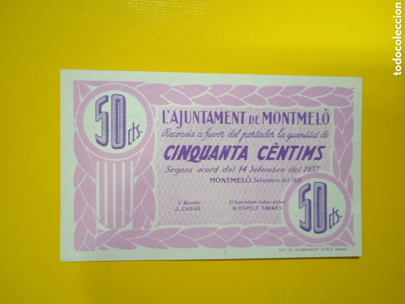 Billetes locales: Billete de 50 c&egrave;ntimos de Montmel&oacute; 1937 - Foto 1