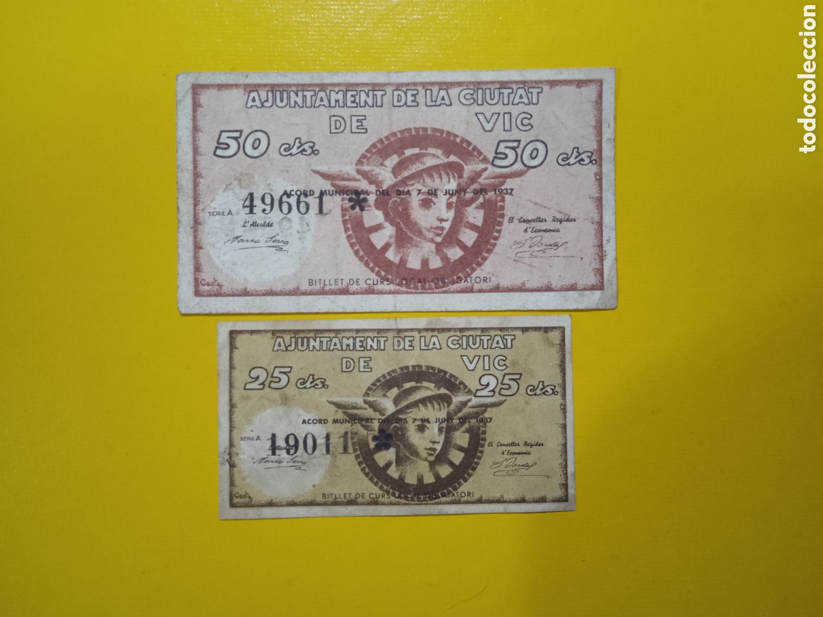 Banconote locali: Conjunto de 2 billetes de Vic 1937 Barcelona