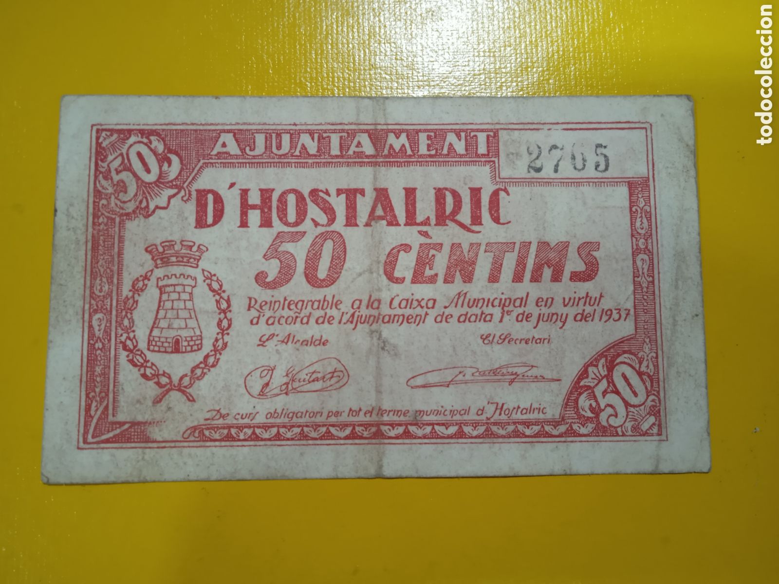 Notas locais: Billete de 50 c&egrave;ntimos de Hostalric 1937 Girona