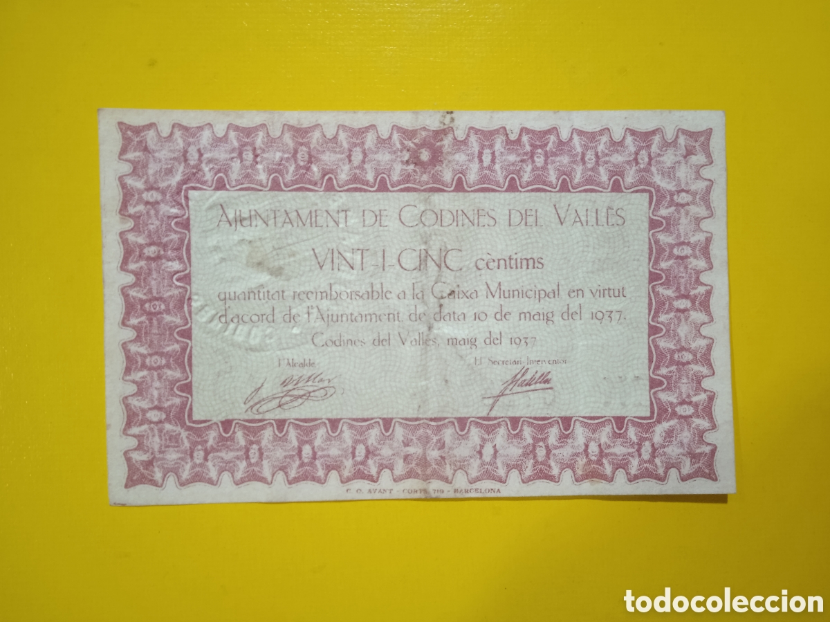 Billetes locales: Billete de 25 c&egrave;ntimos 1937 Codines del Vall&egrave;s Barcelona - Foto 1