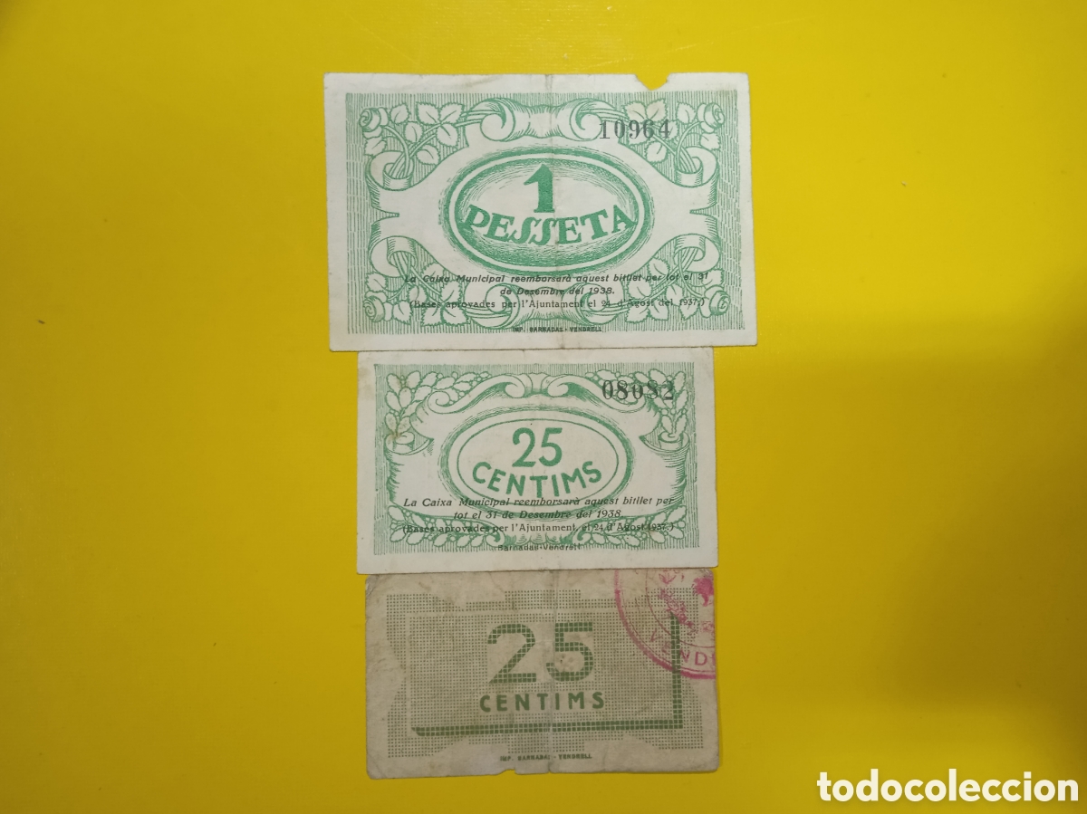 Banconote locali: Conjunto de 3 billetes de Vendrell 1 peseta y 25 c&egrave;ntimos 1937 Barcelona