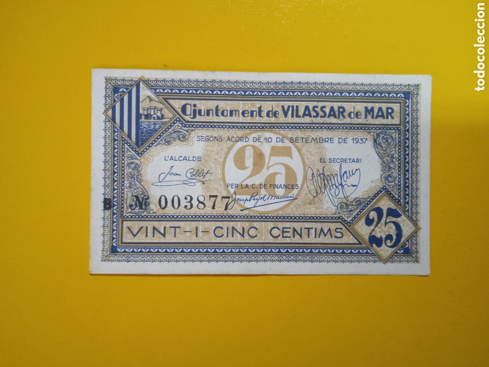 Billets locaux: Billete de 25 c&egrave;ntimos Vilassar de Mar 1937 Barcelona