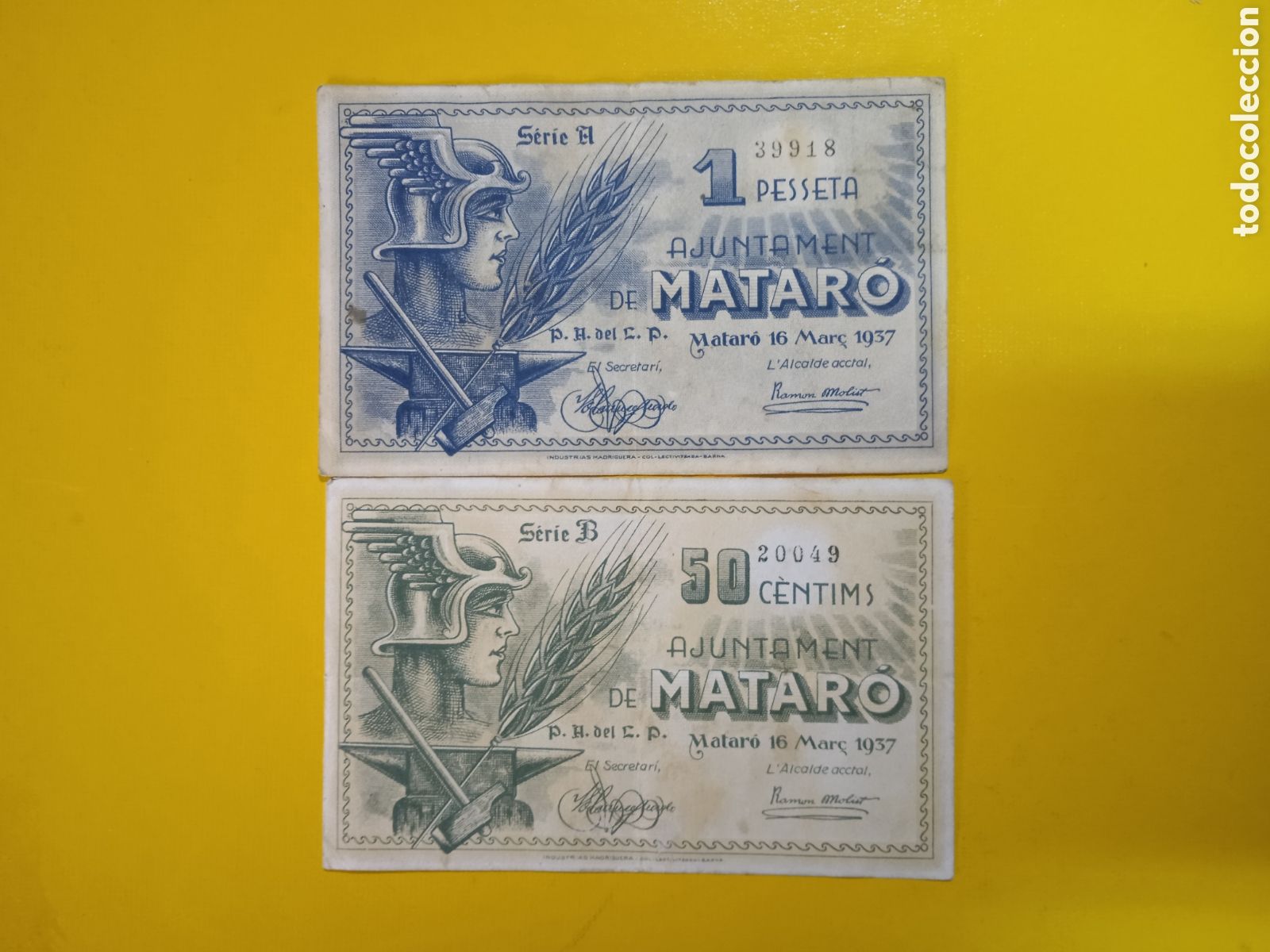 Billetes locales: Conjunto de 2 billetes de Matar&oacute; 1937 - Foto 1