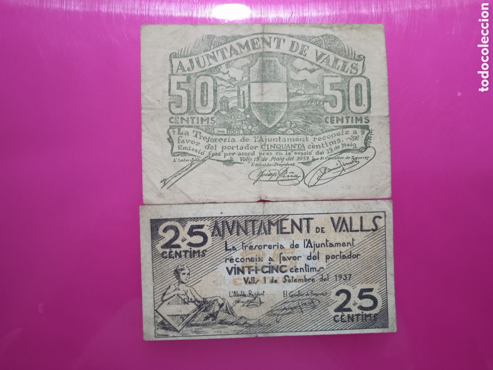 Notas locais: Conjunto de 2 billetes de Valls 1937 Tarragona