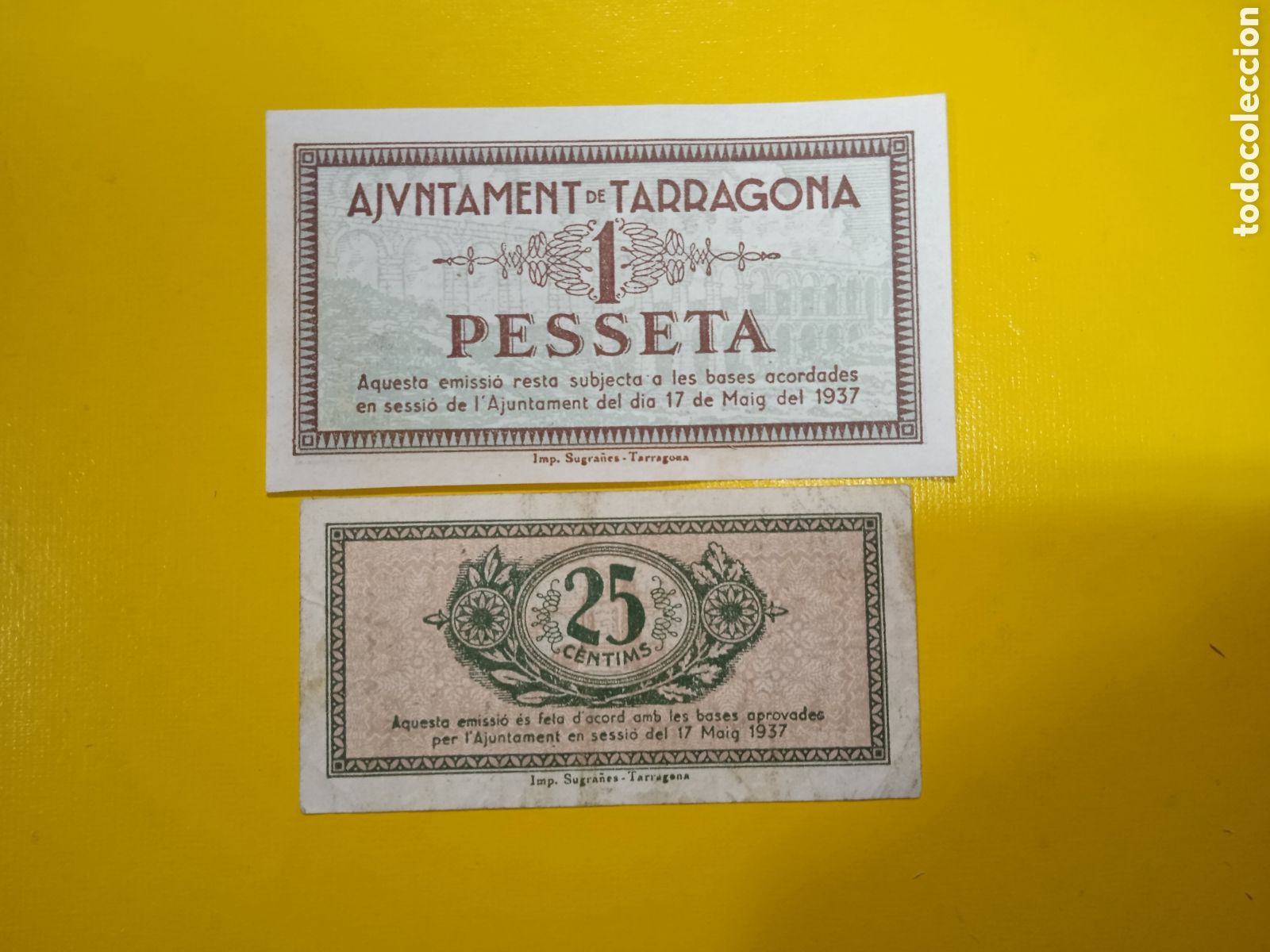Billetes locales: Conjunto de 2 billetes de Tarragona 1937 - Foto 2