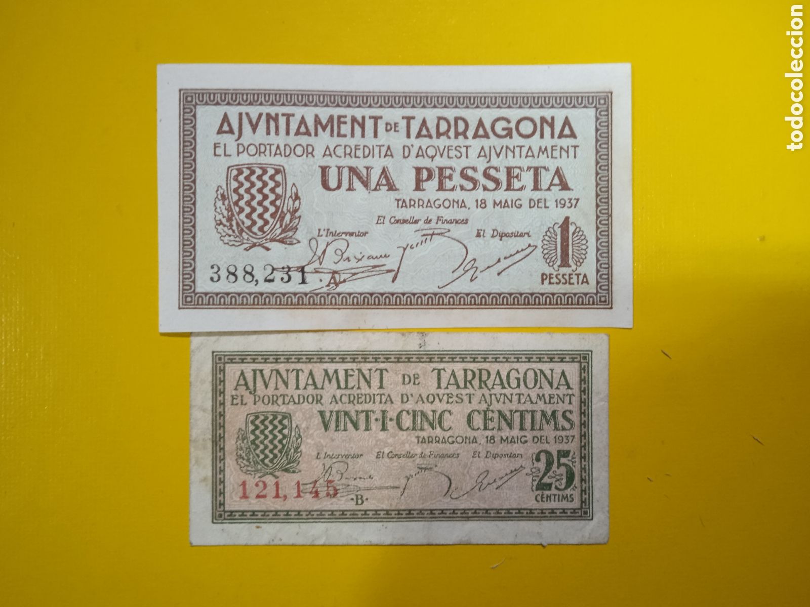 Notas locais: Conjunto de 2 billetes de Tarragona 1937