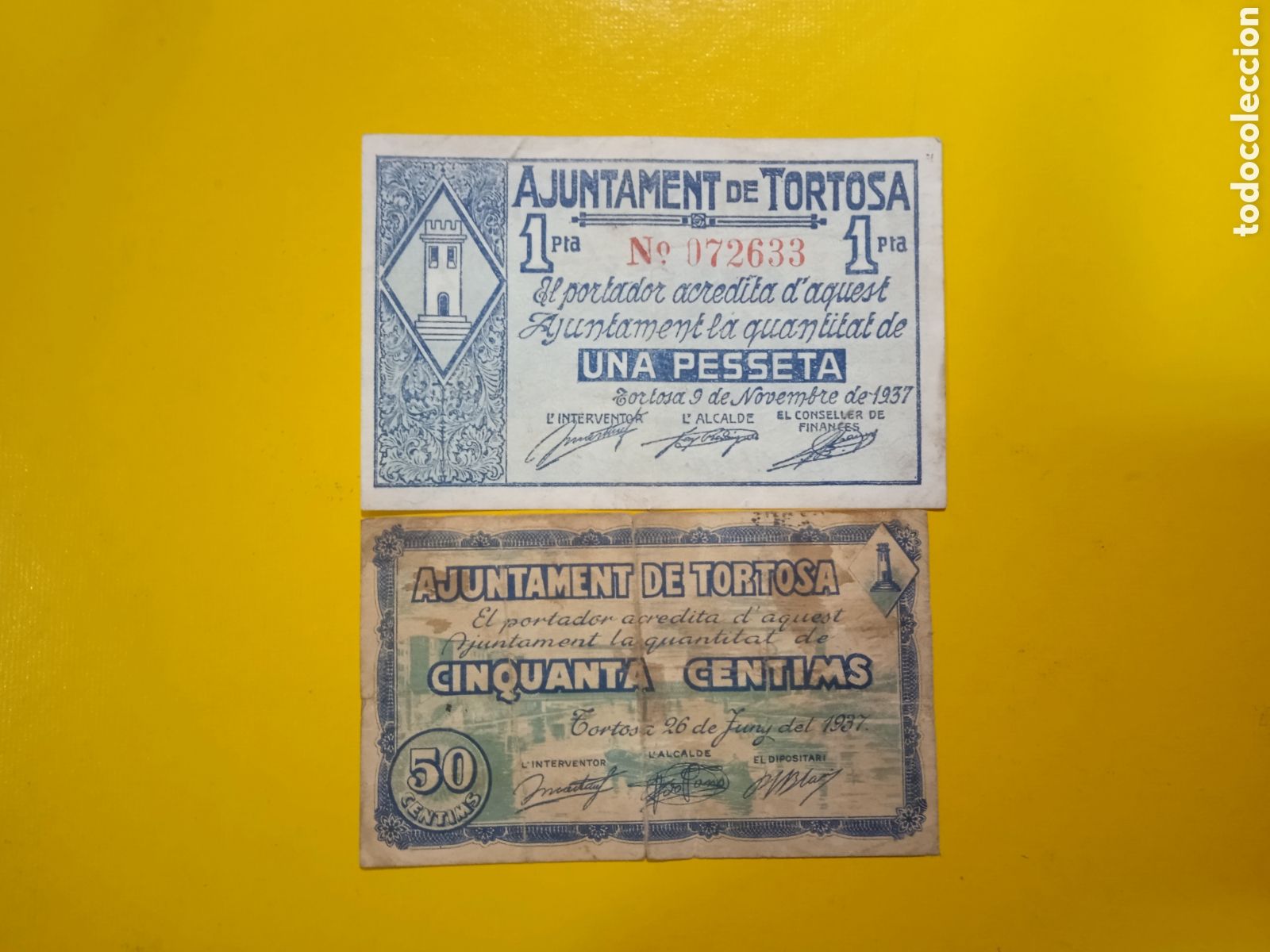Notas locais: Conjunto de 2 billetes de Tortosa 1937