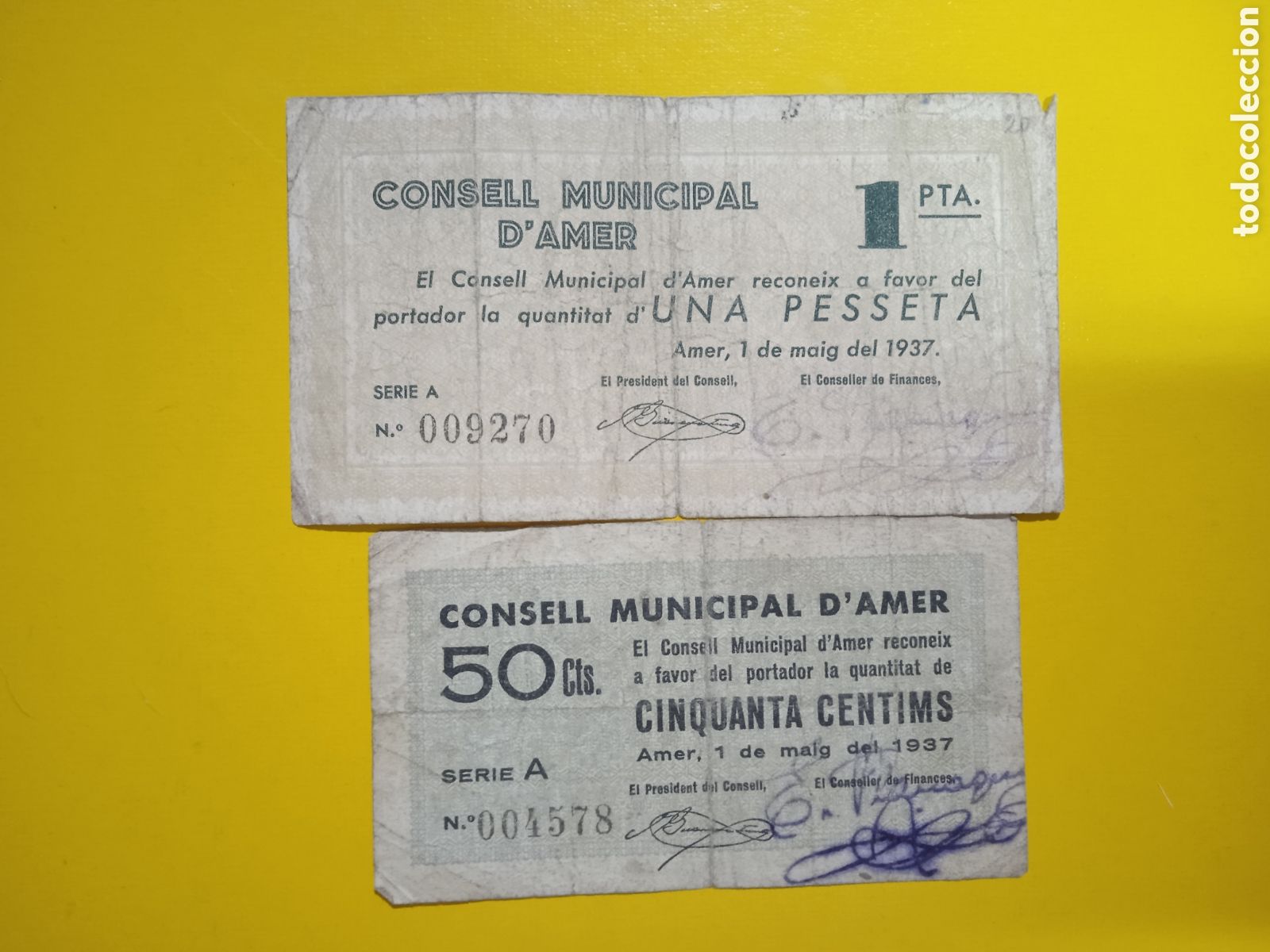 Billetes locales: Conjunto de 2 billetes de Amer Girona 1937 - Foto 1