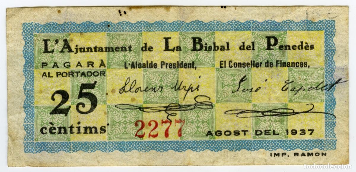 Billets locaux: GUERRA CIVIL &middot; REP&Uacute;BLICA ESPA&Ntilde;OLA 1937 &middot; 25cts BISBAL DEL PENEDES, AJUNTAMENT &middot; BILLETE LOCAL #D1136
