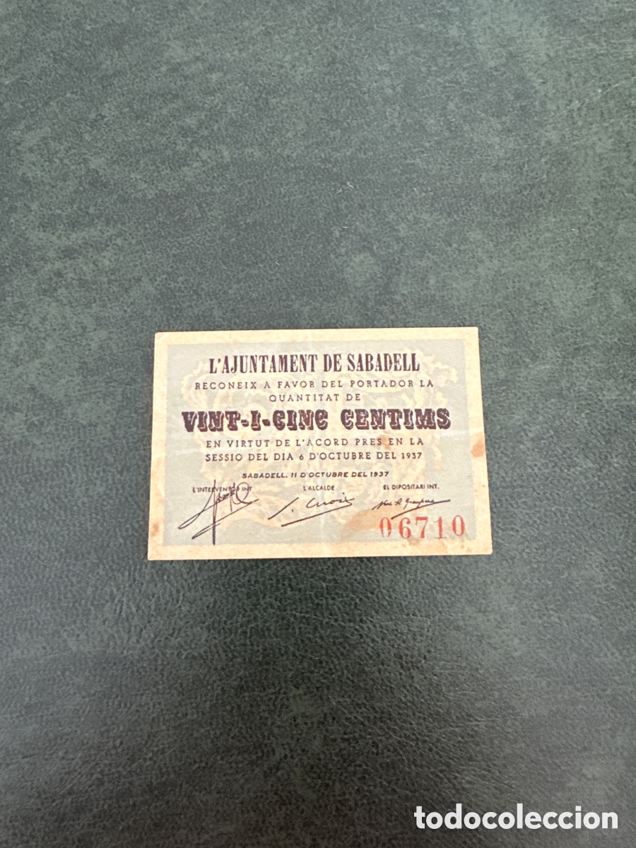 Billetes locales: Billete de Sabadell de 25 c&eacute;ntimos a&ntilde;o 1937 - Foto 1