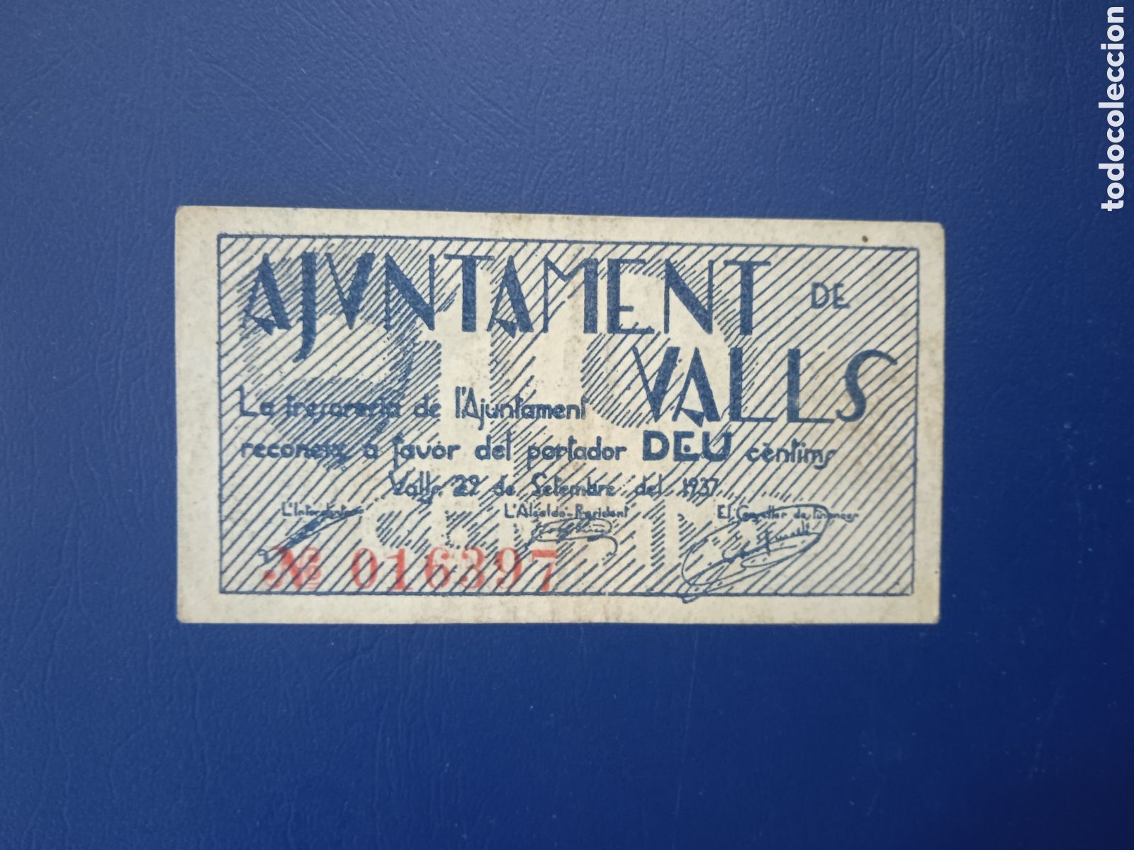 Billets locaux: Billete de 10 c&egrave;ntimos Valls 1937 Tarragona