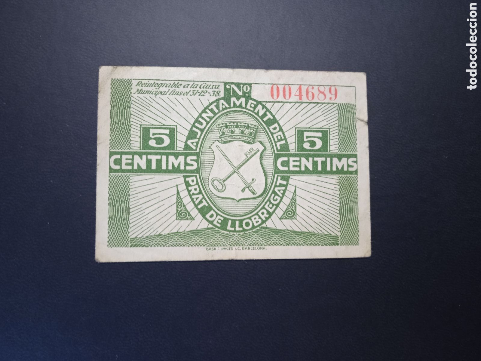 Billetes locales: Billete de 5 c&egrave;ntimos de Prat de Llobregat 1937 - Foto 1