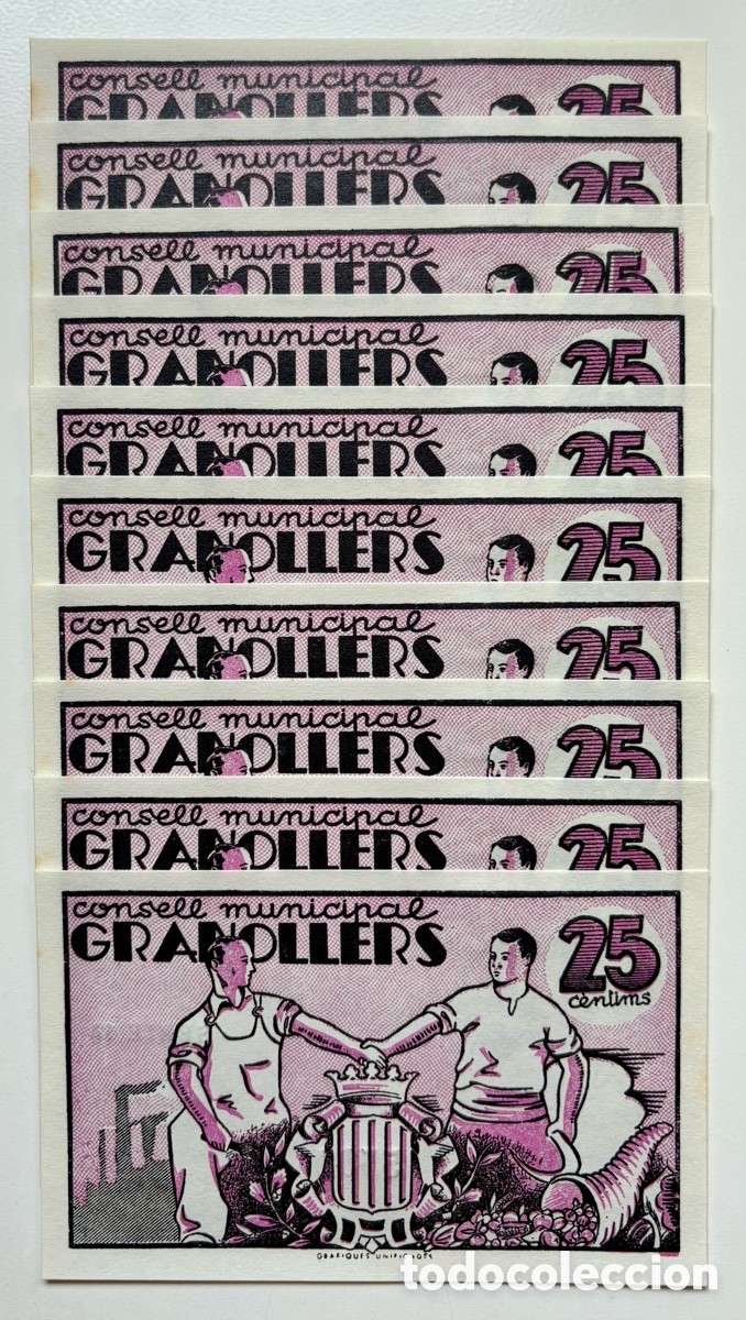 Banconote locali: Lote x 10 Billetes Local / Municipal GRANOLLERS 25 Centimos 1937 SC CORRELATIVOS