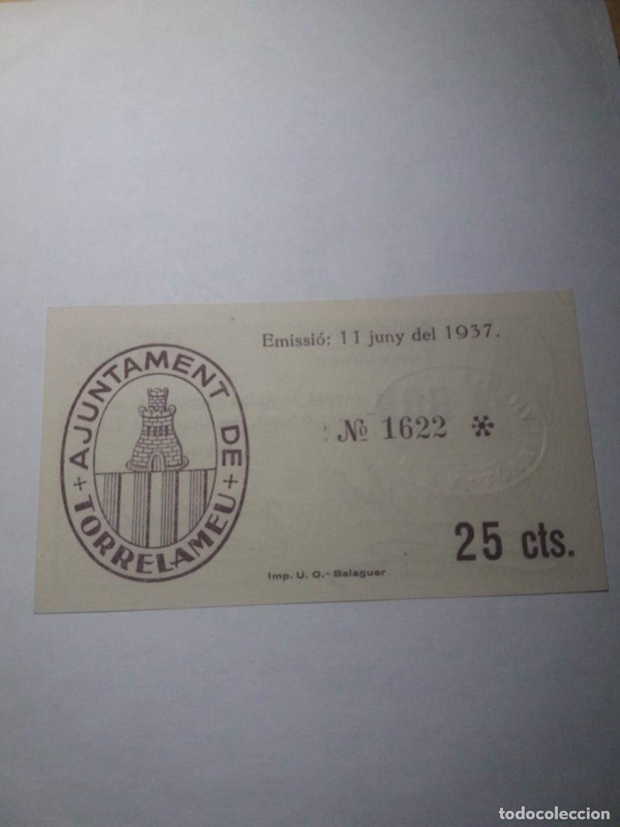 Billetes locales: 25 C&egrave;ntims Ajuntament TORRELAMEU Juny 1937 - Foto 2
