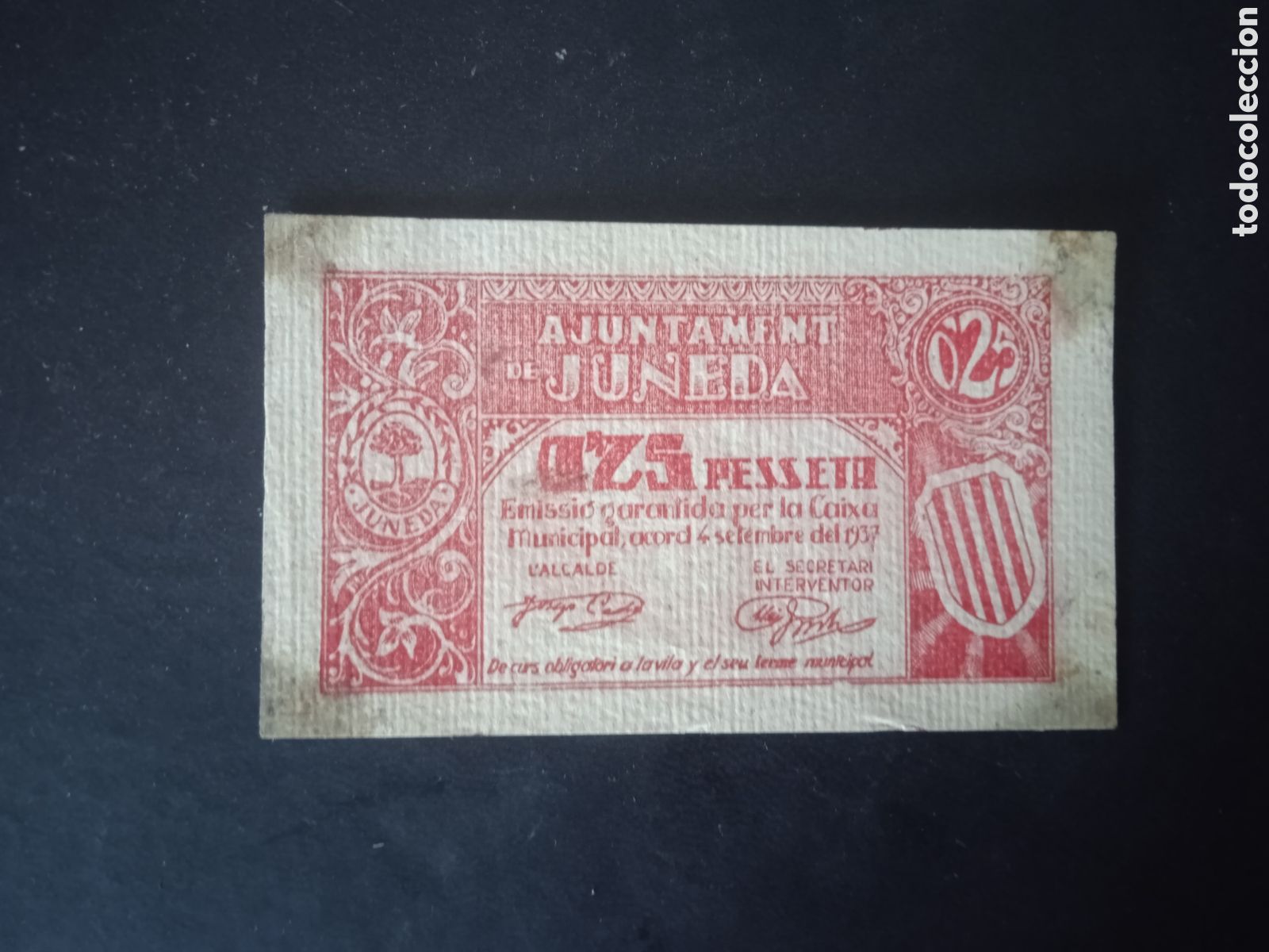 Notas locais: Billete de 25 c&egrave;ntimos Juneda 1937 Lleida