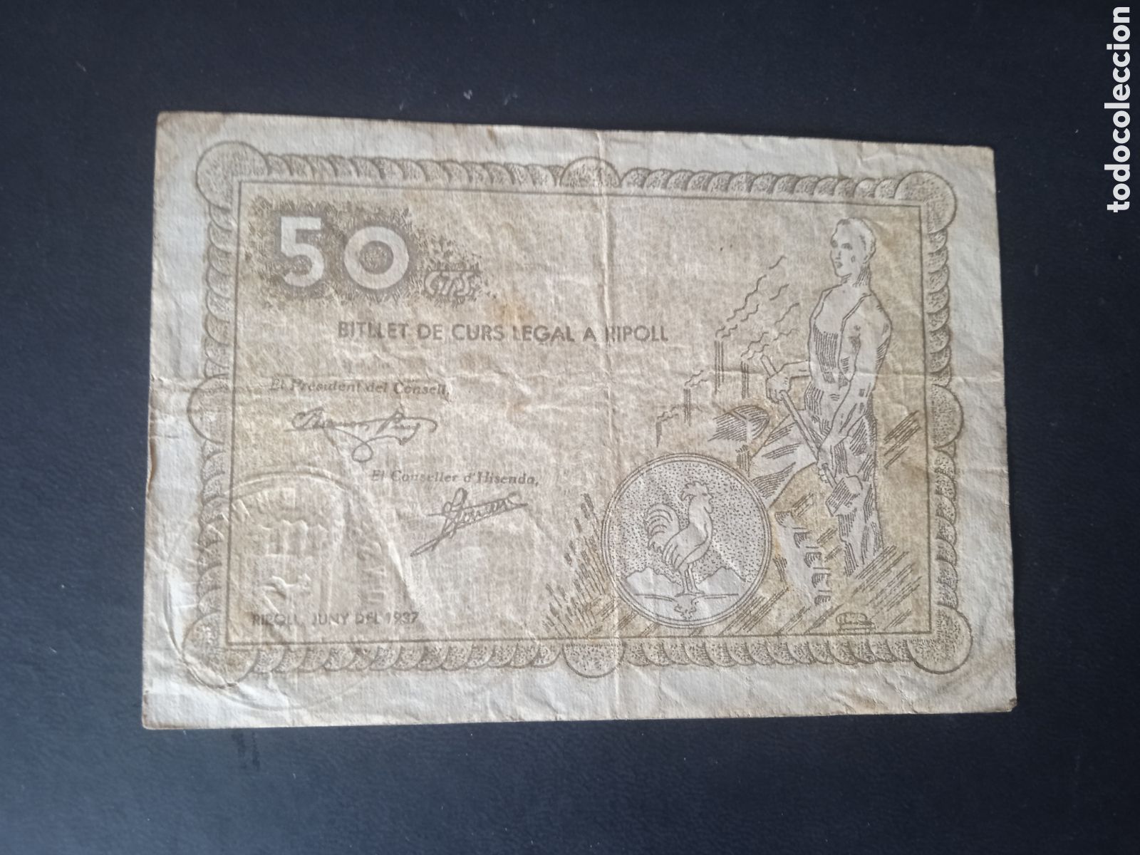 Billetes locales: Billete de 50 c&egrave;ntimos de Ripoll 1937 Girona - Foto 2
