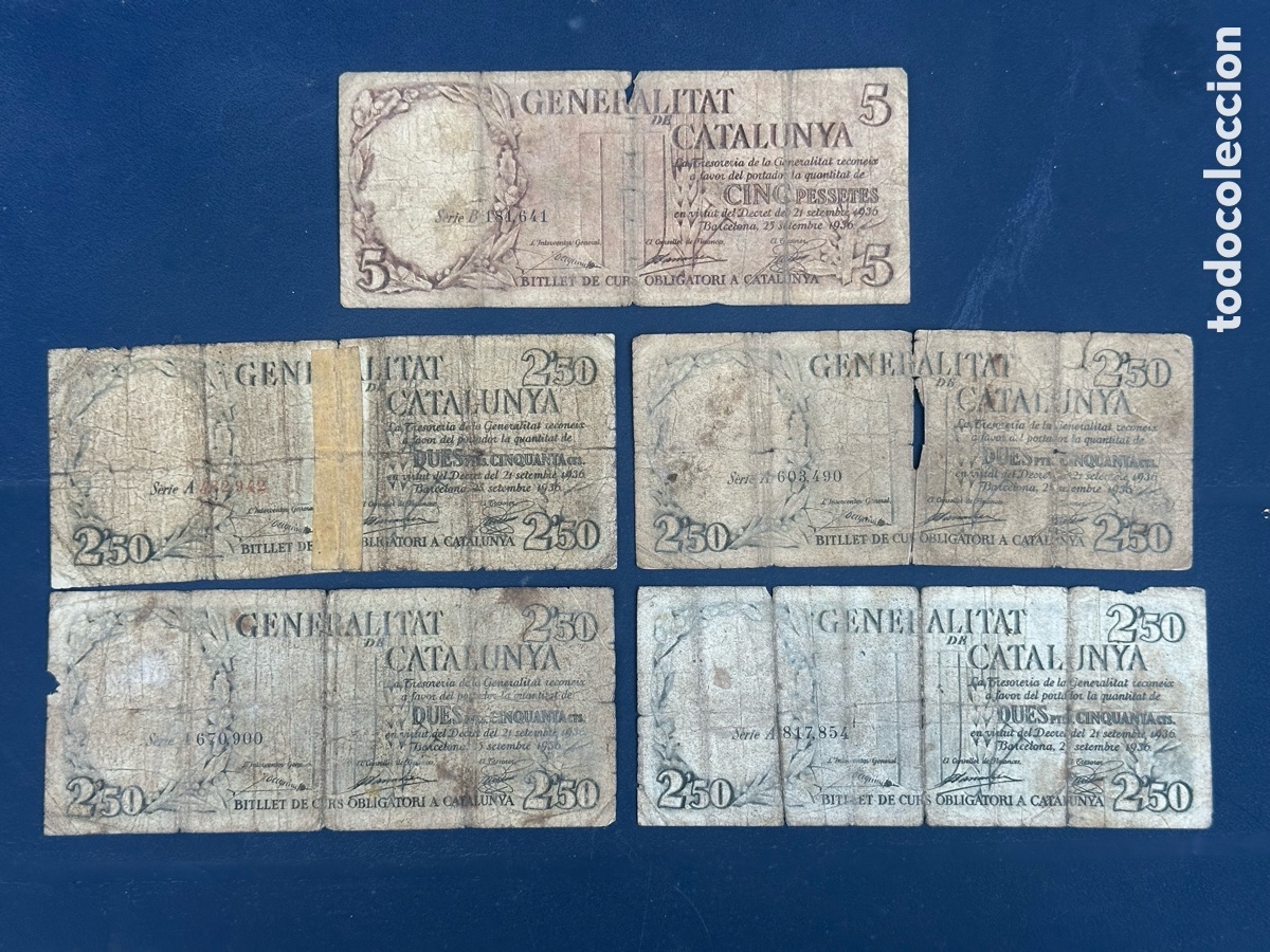 Billetes locales: LOTE DE 5 ANTIGUOS BILLETES REPUBLICANOS DE LA GENERALITAT DE CATALUNYA DE 5 Y DE 2,5 PESETAS