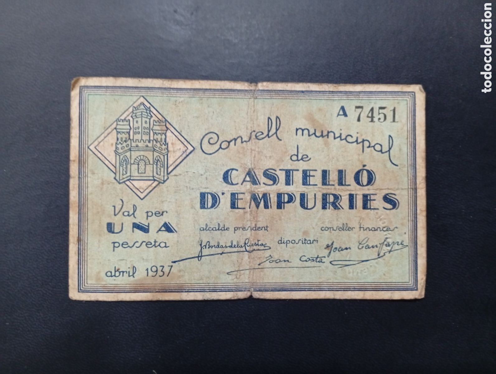 Notas locais: Billete de 1 peseta Castell&oacute; d'Emp&uacute;ries 1937 Girona