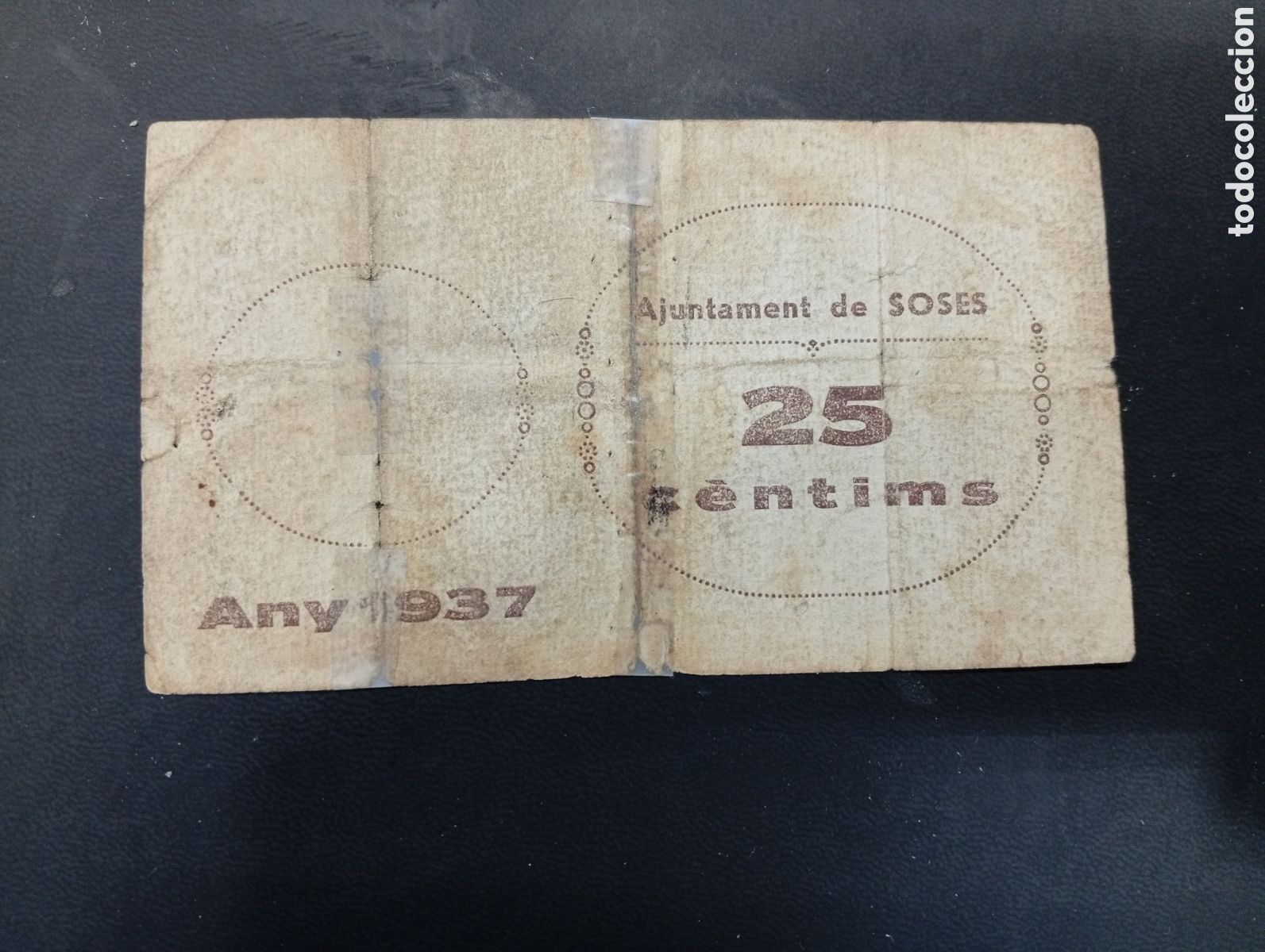 Billetes locales: Billete de 25 c&egrave;ntimos Soses 1937 Lleida - Foto 2