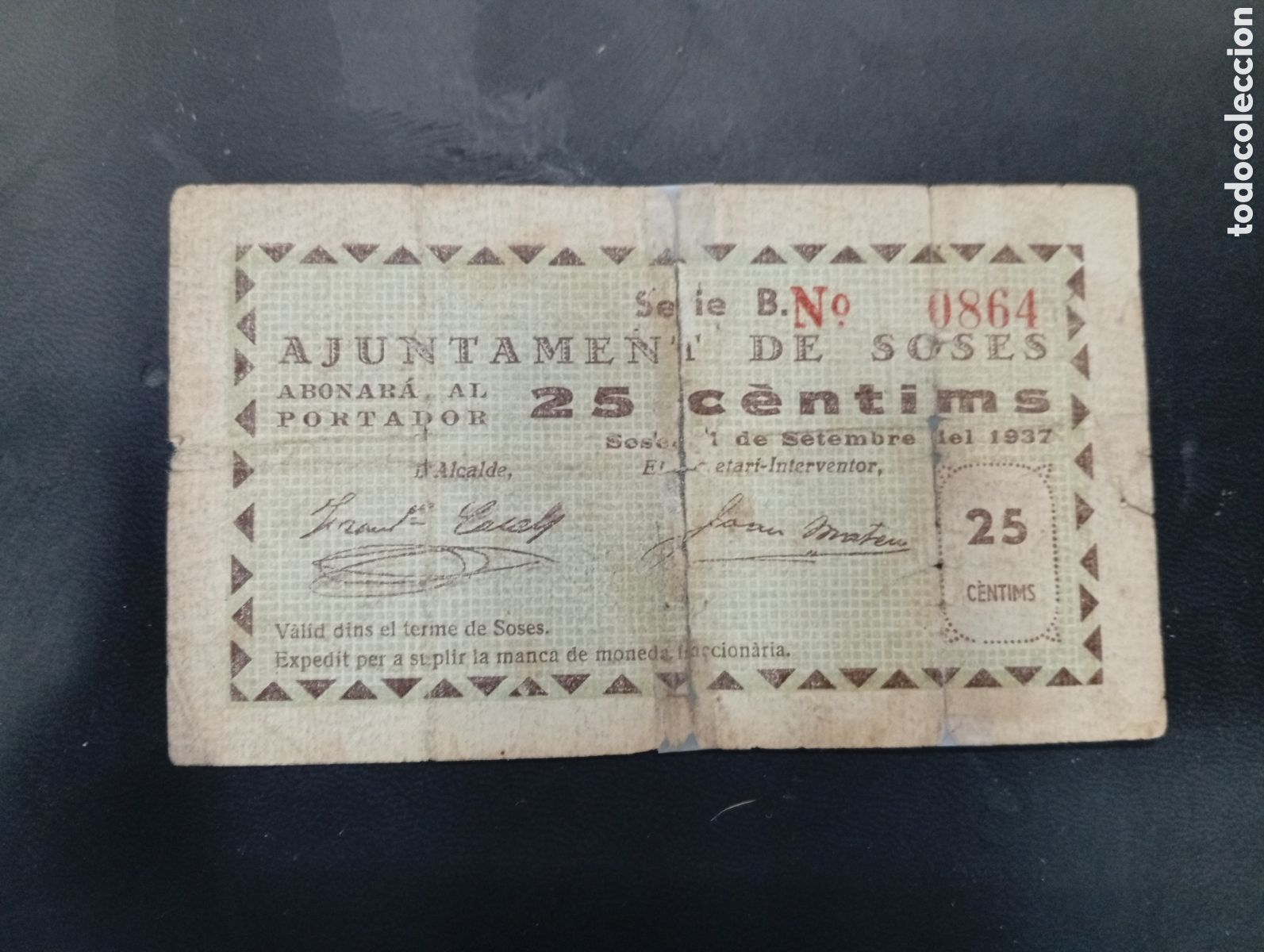 Billetes locales: Billete de 25 c&egrave;ntimos Soses 1937 Lleida - Foto 1