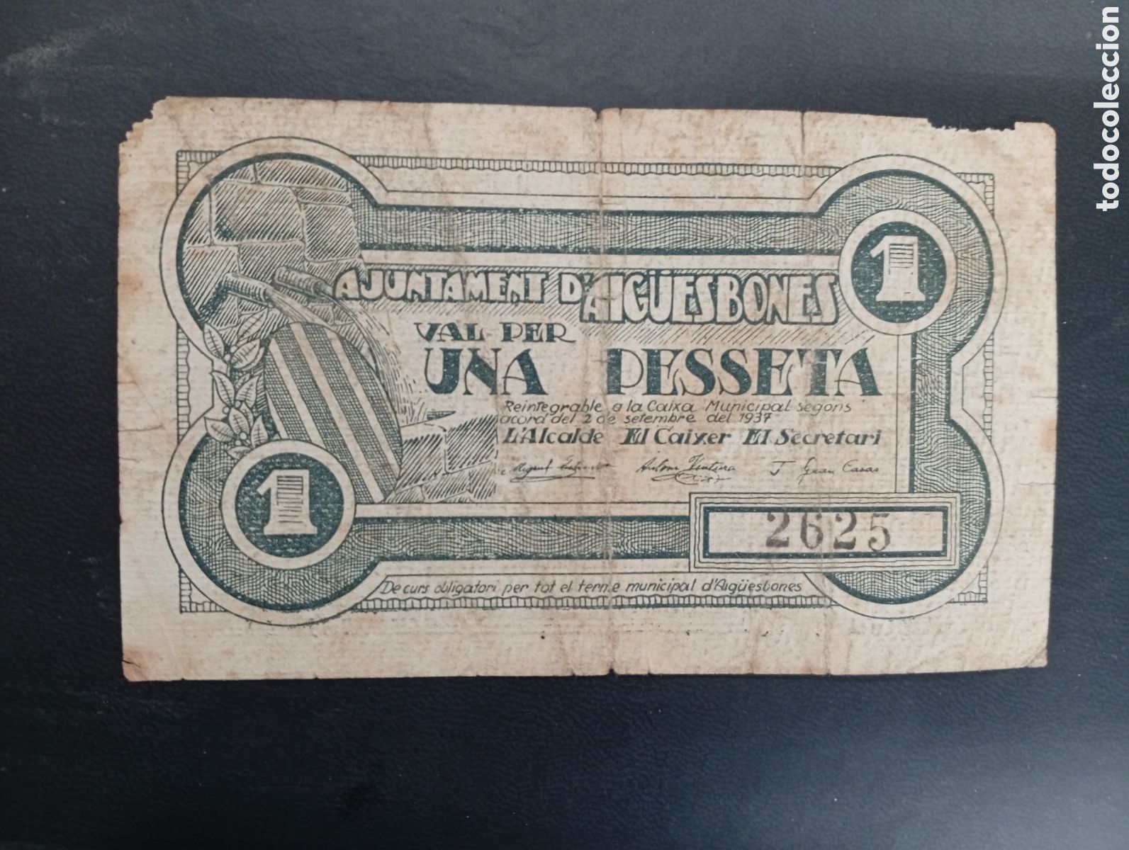 Billetes locales: Billete de 1 peseta Aig&uuml;esbones 1937 Barcelona