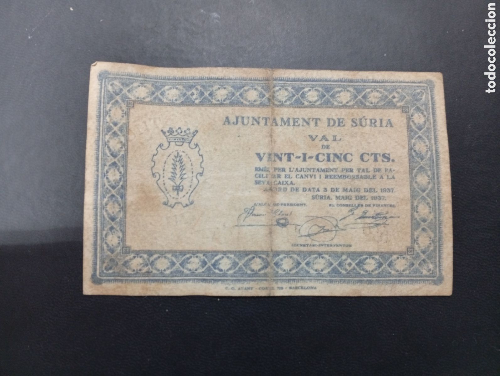 Billetes locales: Billete de 25 c&egrave;ntimos S&uacute;ria 1937 Barcelona