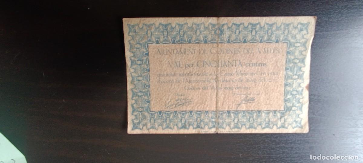 Billetes locales: 50 CENTIMOS DEL AJUNTAMENT DE CODINES DEL VALLES DEL A&Ntilde;O 1937 - Foto 2
