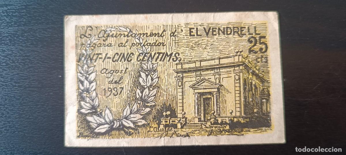 Billetes locales: 25 CENTIMOS DEL AJUNTAMENT DE EL VENDRELL DEL A&Ntilde;O 1937 - Foto 1