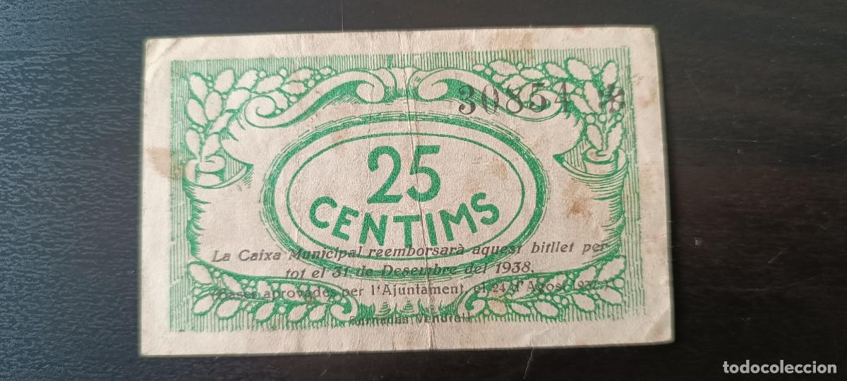Billetes locales: 25 CENTIMOS DEL AJUNTAMENT DE EL VENDRELL DEL A&Ntilde;O 1937 - Foto 2