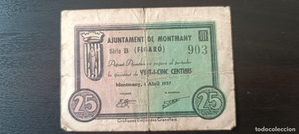 Billetes locales: 25 C&egrave;ntims Ajuntament MONTMANY (Figar&oacute;) - Foto 1