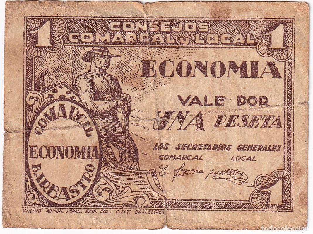 Billetes locales: BILLETE DE 1 PESETA DEL CONSEJO MUNICIPAL DE BARBASTRO DEL A&Ntilde;O 1937