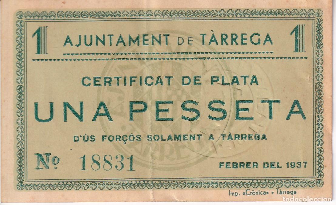 Billetes locales: BILLETE DE 1 PESETA DEL AJUNTAMENT DE TARREGA DEL A&Ntilde;O 1937 (SELLO SECO)