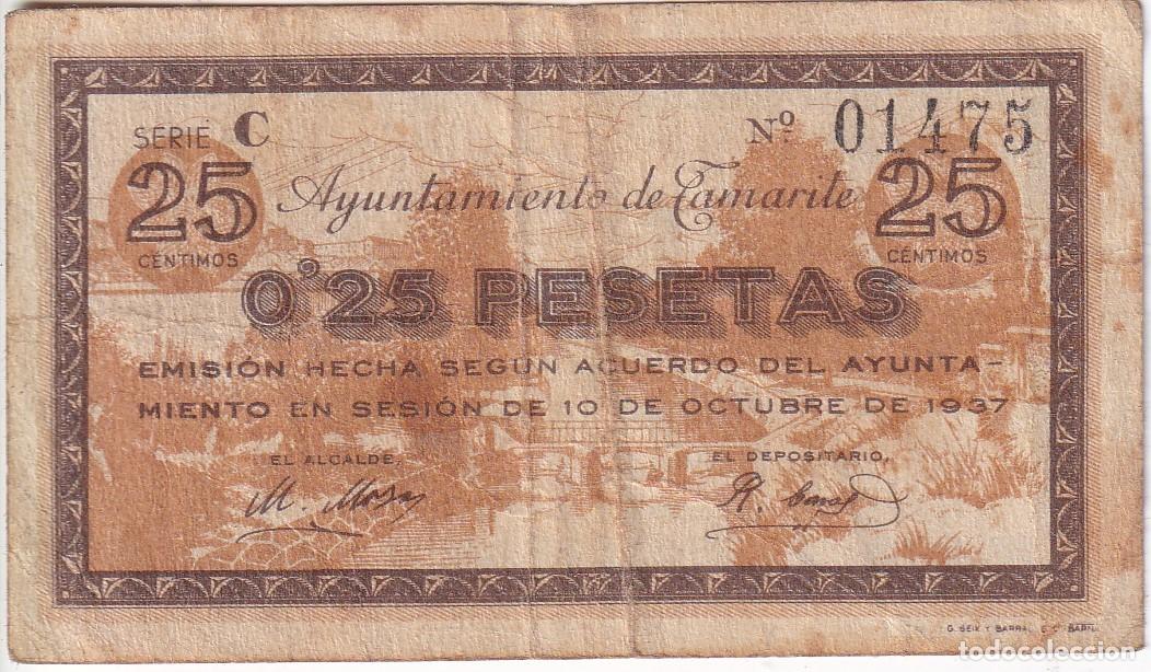 Billetes locales: BILLETE DE 25 CENTIMOS DEL AYUNTAMIENTO DE TAMARITE DEL A&Ntilde;O 1937 (HUESCA)