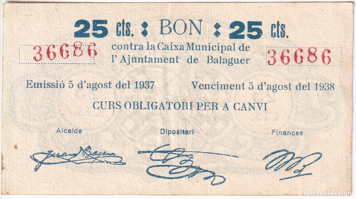 Billetes locales: BILLETE DE 25 CENTIMOS DEL AJUNTAMENT DE BALAGUER DEL A&Ntilde;O 1938