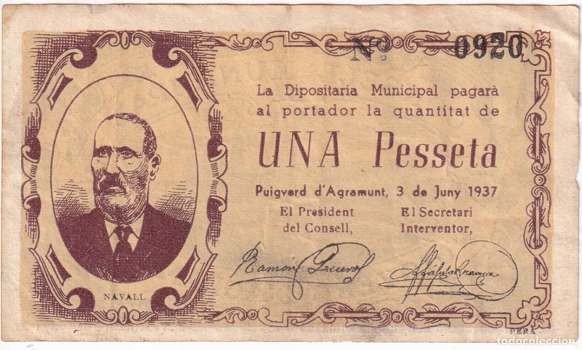 Billetes locales: BILLETE DE 1 PESETA DEL CONSELL MUNICIPAL DE PUIGVERD D'AGRAMUNT DEL A&Ntilde;O 1937