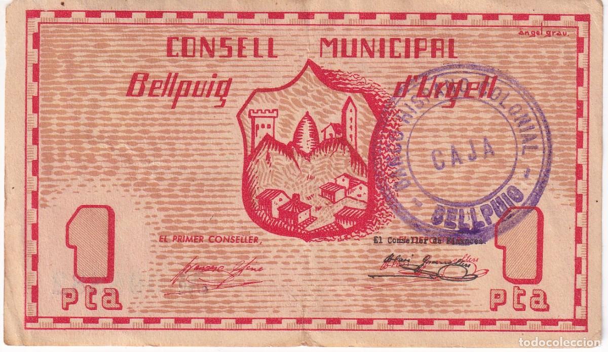Billets locaux: BILLETE DE 1 PESETA DEL CONSELL MUNICIPAL DE BELLPUIG DURGELL DEL A&Ntilde;O 1937