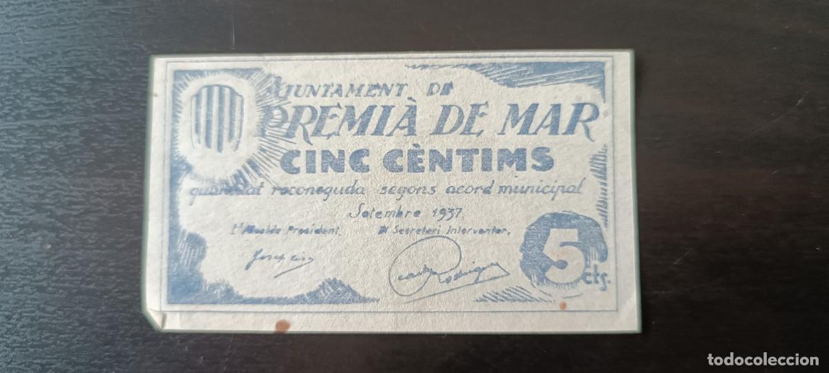 Billetes locales: 5 C&Eacute;NTIMOS AJUNTAMENT DE PREMIA DEL MAR - Foto 1