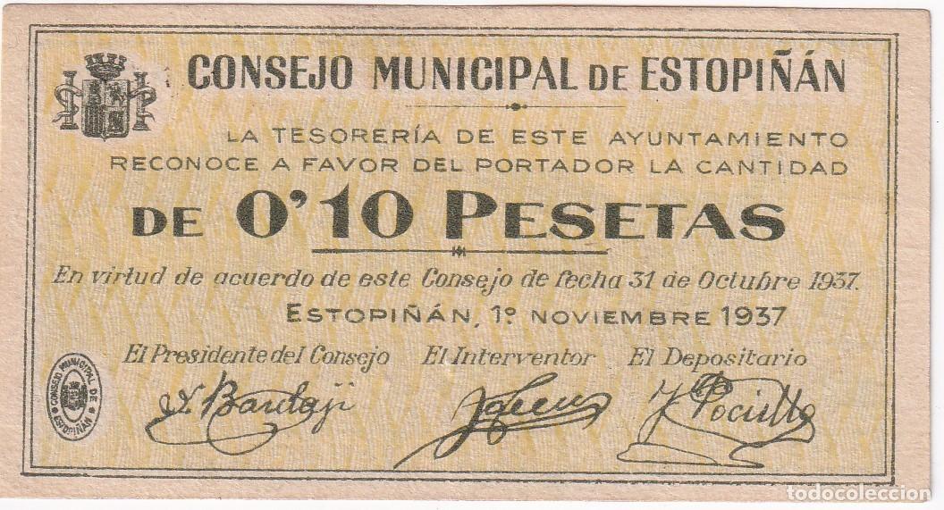 Billetes locales: BILLETE DE 10 CENTIMOS DEL CONSEJO MUNICIPAL DE ESTOPI&Ntilde;AN DEL A&Ntilde;O 1937 (HUESCA)