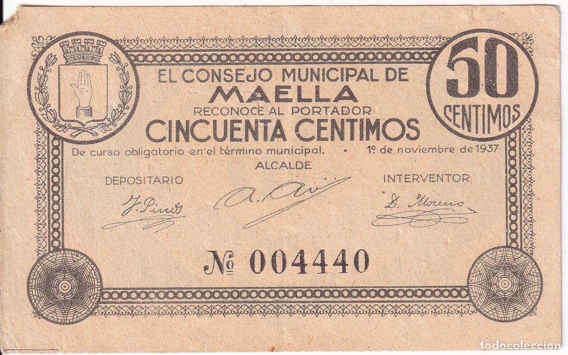 Billetes locales: BILLETE DE 50 CENTIMOS DEL CONSEJO MUNICIPAL DE MAELLA DEL A&Ntilde;O 1937 (SIN COLOR) (RARO)(ZARAGOZA)
