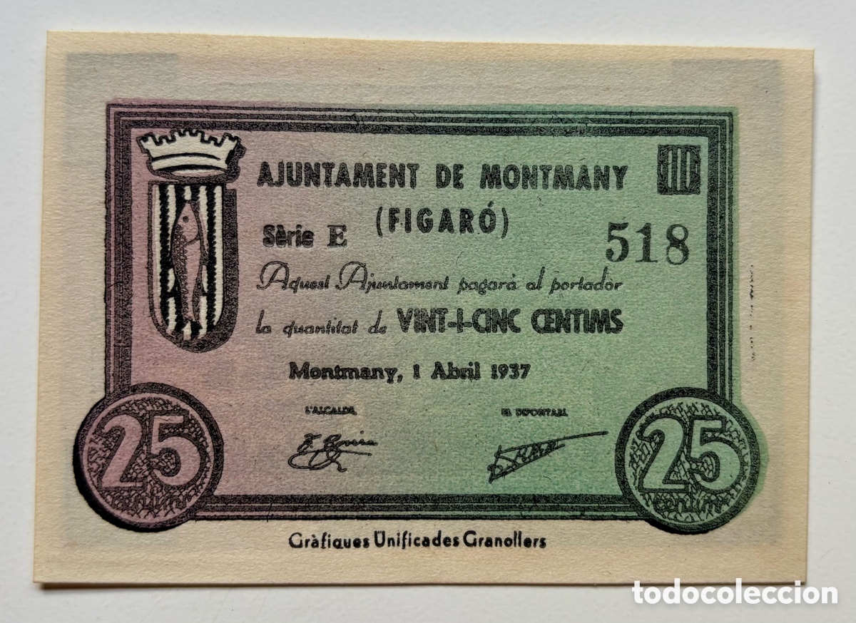Billetes locales: Billete Local / Municipal MONTMANY (Figaro) 25 C&eacute;ntimos 1937 SC