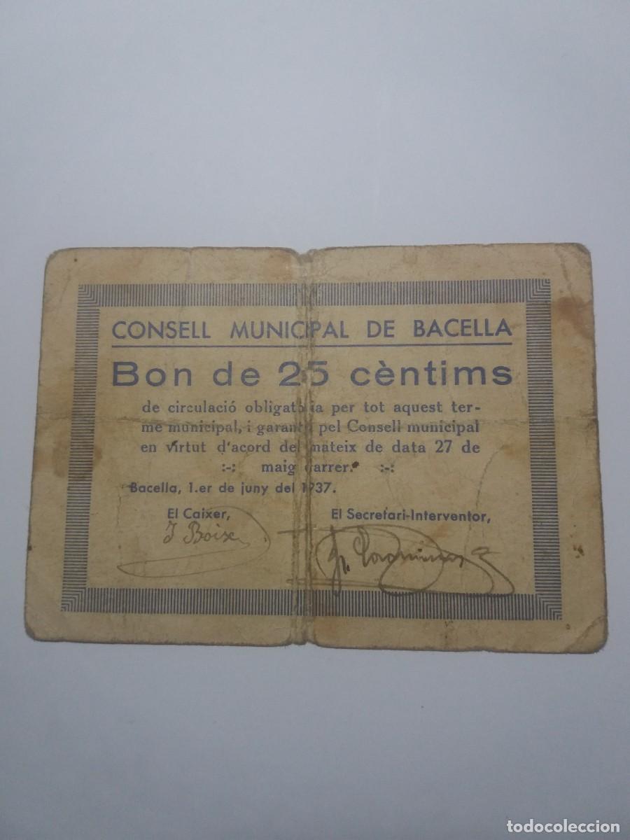 Billetes locales: Billete 25 C&egrave;ntims Consell Municipal BACELLA 27 Maig 1937
