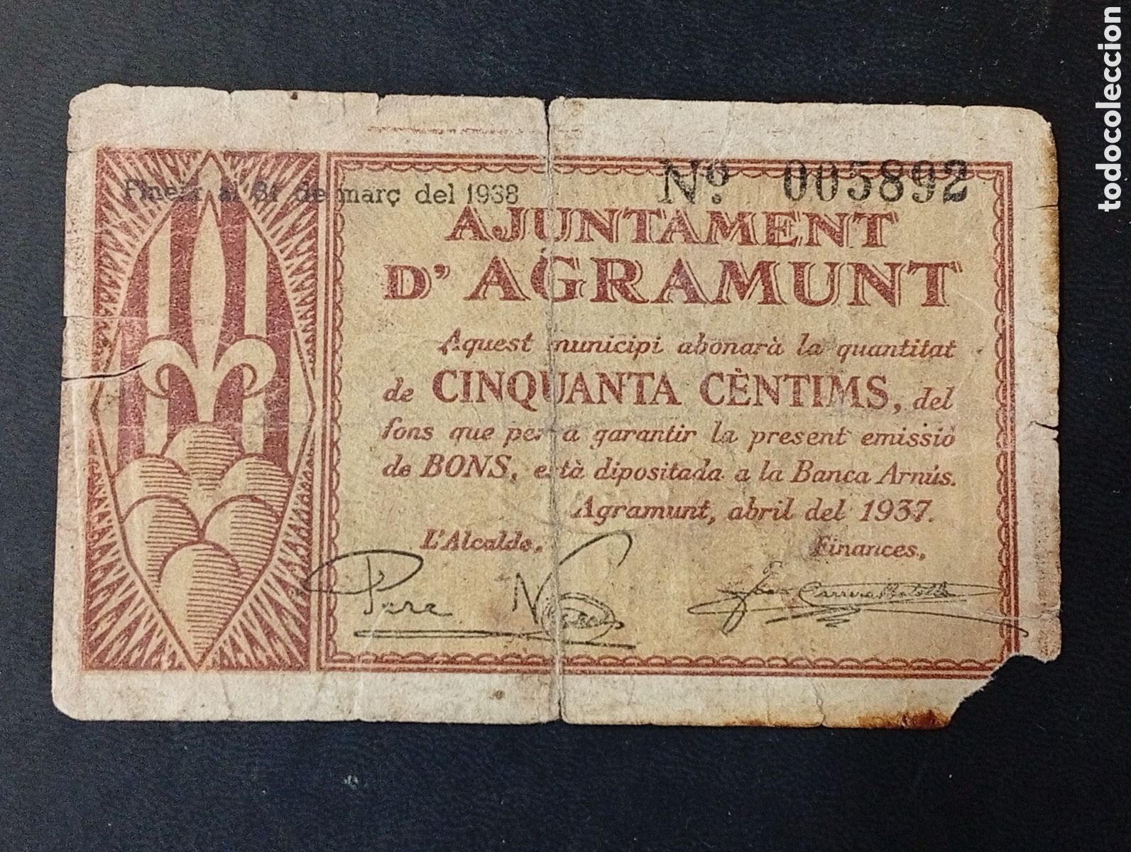 Billetes locales: Billete de 50 c&egrave;ntims Agramunt Lleida 1937 guerra civil