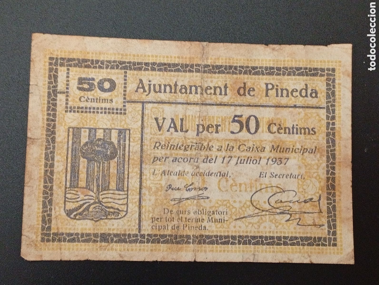 Billetes locales: Billete de 50 c&egrave;ntims La Pineda 1937 Guerra civil Barcelona