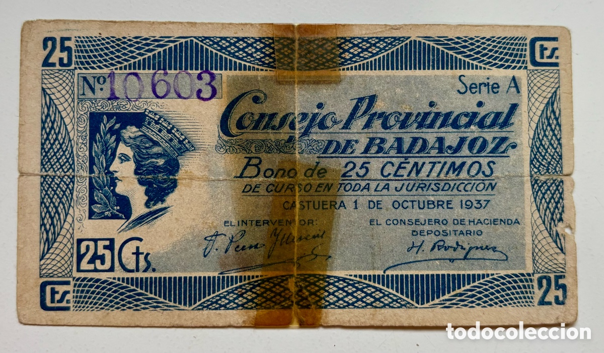 Billetes locales: Billete Local / Municipal BADAJOZ 25 C&eacute;ntimos 1937. Rotura