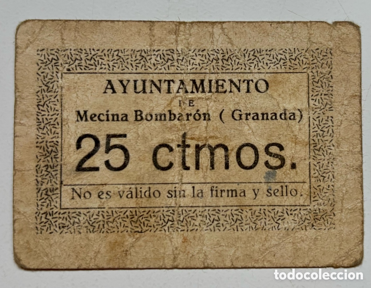 Billetes locales: Billete Local / Municipal MECINA BOMBAR&Oacute;N 25 Centimos (Granada)