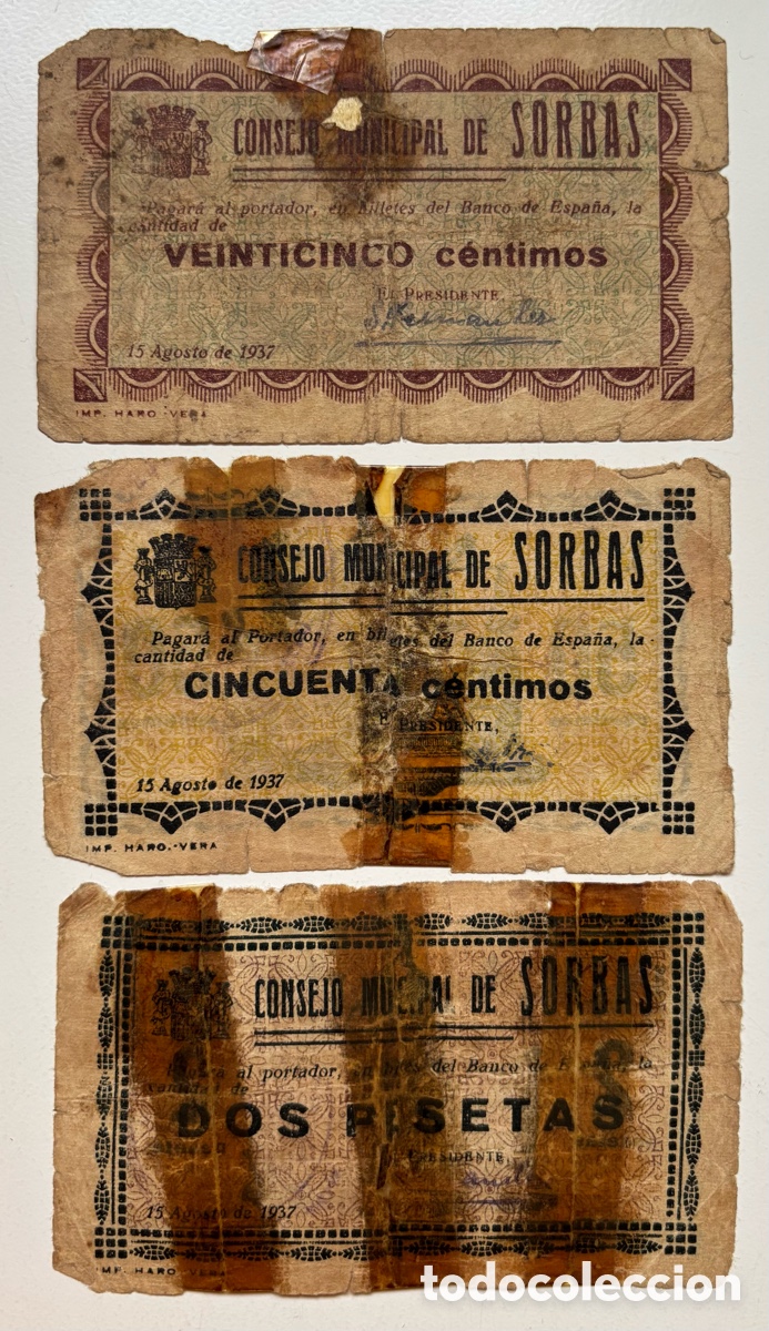 Billetes locales: 3 x Billete Local / Municipal SORBAS 25-50 Centimos 2 Pesetas 1937. ( Almer&iacute;a) Da&ntilde;ados